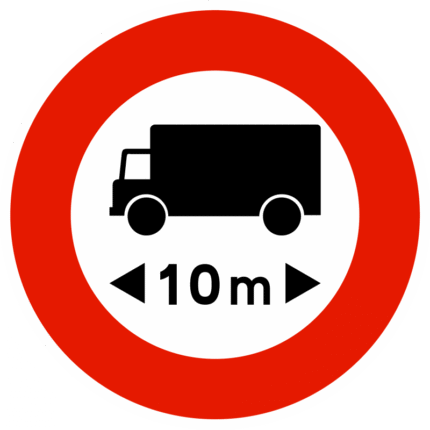 Panneau d'interdiction B10a - Accès interdit aux véhicules dont la longueur est supérieure au XX mètres (à préciser)