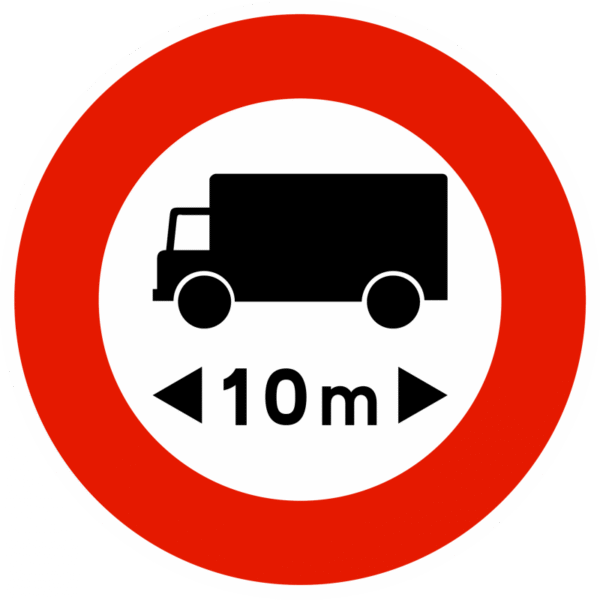 Panneau d'interdiction B10a - Accès interdit aux véhicules dont la longueur est supérieure au XX mètres (à préciser)