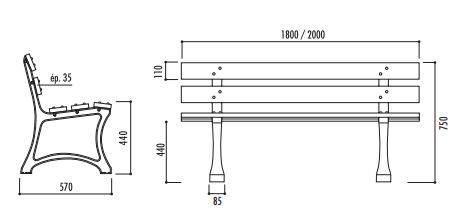 lili Banc LILI 200 cm Bois Exotique Pieds en Fonte RAL 9005